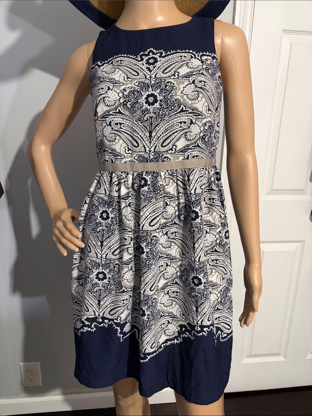 LOFT Navy and White Paisley Sleeveless Midi Dress